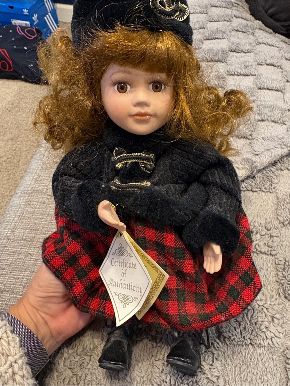 Collectible Porcelain Doll in Black & Red Plaid Outfit - Kids Toys